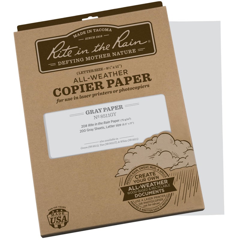 Rite in the Rain Weatherproof Copier Paper, 8.5" x 11", 20# Gray, 200 Sheet Pack (No. 8511GY) - Image 1